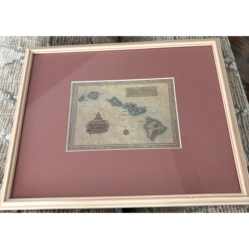 Vintage Framed Hawaiian Map Print Lahaina Printsellers w‎ COA